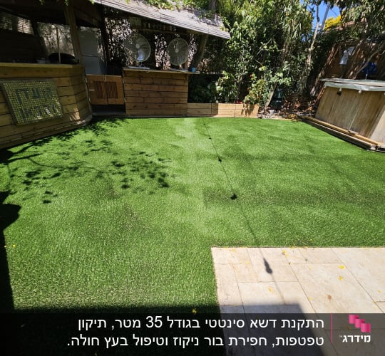 דשא סינתטי בחצר עם עציצים מסביב